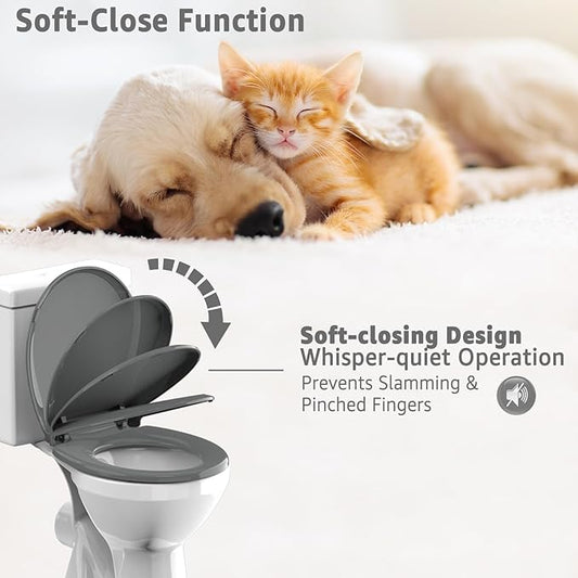 Round Toilet Seat 16.5 inch Soft Close, Toilet Lid Round PP Material Safe & Easy Clean & Quick Installation, Sturdy Accessories Never Loosen, 2 Years Support, Grey
