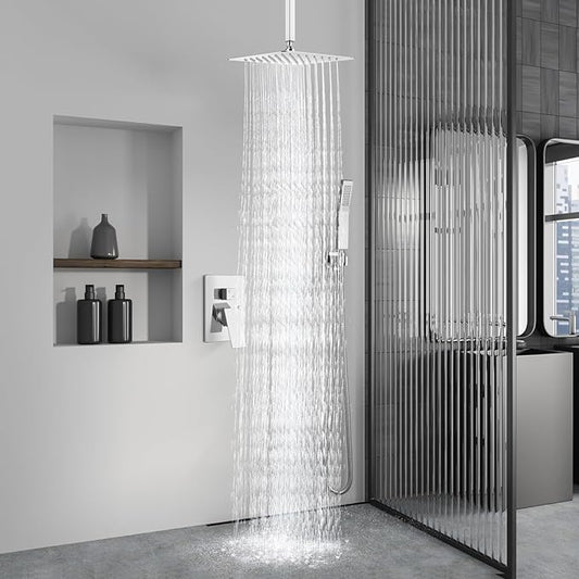Aolemi Ceiling Shower Faucet with Handheld 10 Inch Head Polish Chrome | Shower Valve and Trim Kit,SUS304 Rain Head and Handle Set System,All Metal,Bathroom, Handheld Spray
