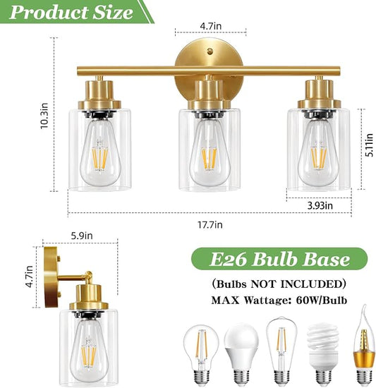 3-Light Brushed Gold Vanity Lights, E26 Modern Bathroom Light Fixtures with Clear Glass Shade, Wall Lamps for Mirror Kitchen Hallway Cabinet Living Room Sconces Lights