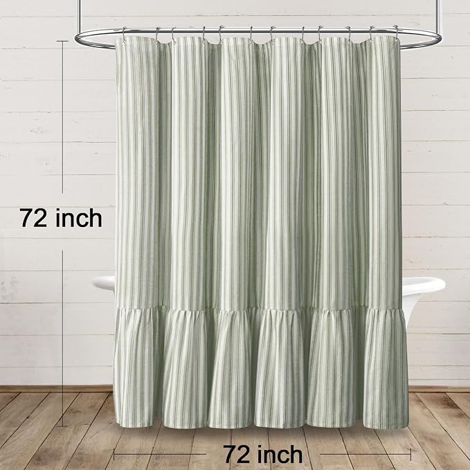 Farmhouse Shower Curtain Ruffle Linen White-Green Stripe 72"W x 72"L | Farmhouse Boho, Striped, Bottom Ruffle, Cotton Fabric, Rustic, Country, Natural Look, Washable, for Bathroom Bathtub