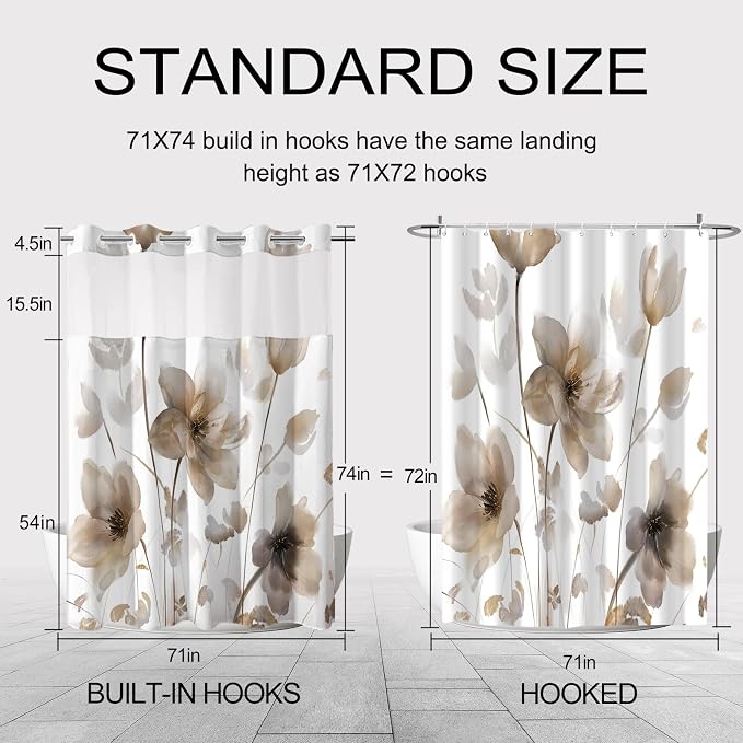 No Hook Shower Curtain and Liner Set, Brown Boho Floral 71x74 | Watercolor Boho Flower, with Snap in Liner, Waterproof, Machine Washable, Quick-Drying, for Hotel Bathroom
