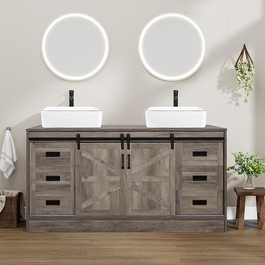60" Barn Door Bathroom Vanity with 6 Drawers and Two Doors, Farmhouse Style Standing Pedestal Cabinet Without Sink