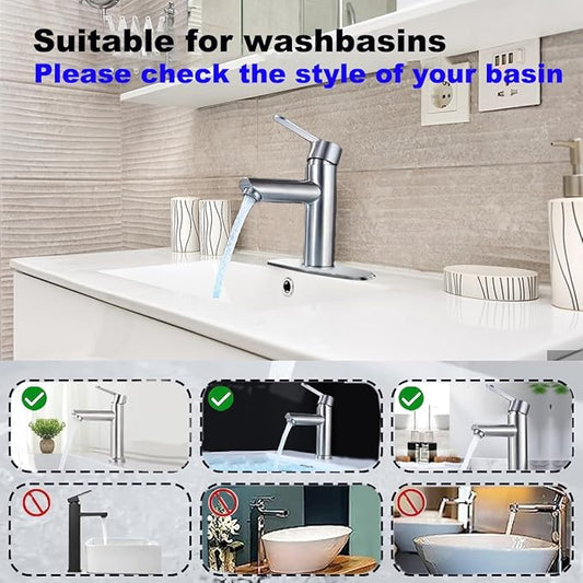 Bathroom Cold & Hot Stainless Steel Faucet, Ceramic Valve Cylinder; Silent Anti-Drip, Single Handle, Water Saving, Washbasin Sink, for Bathroom & Basin, Small Kitchen Faucet (Brushed)