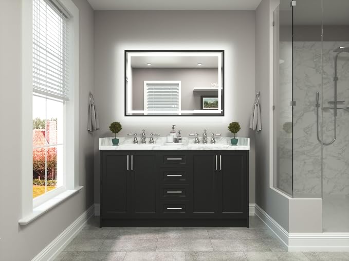 48 x 32 Bathroom LED Mirror Brushed Black Metal Frame Frontlit & Backlit Vanity Mirror Stepless Dimmable Anti-Fog 3 Colors White/Warm/Natural Light up Vanity Mirror Wall-Mounted