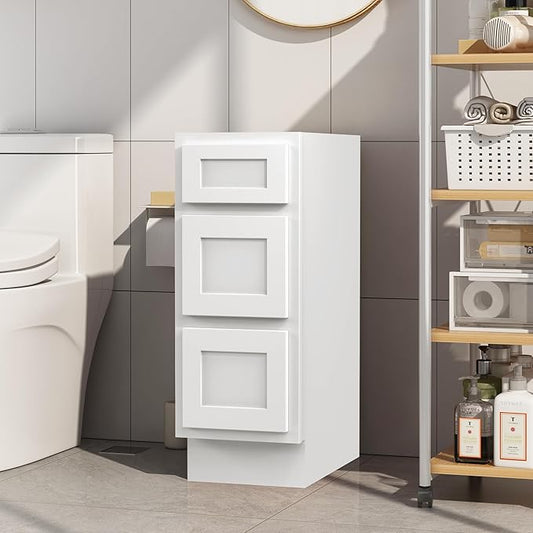 Vanity Art 12 Inch Bathroom Vanity Small Base Cabinet with 3 Soft Closing Shaker Drawers, Strudy Floor Mount Cabinets for Storage Shaving, Washroom Accessories, VA4012-3W