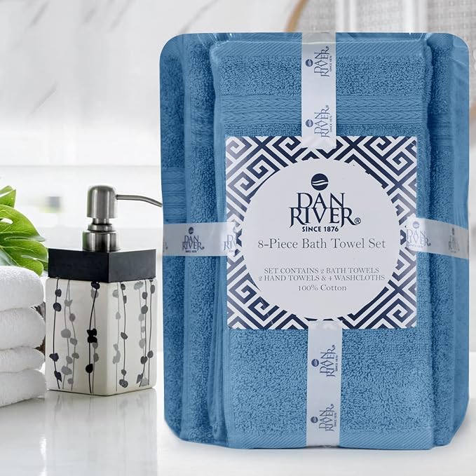 DAN RIVER 8 Piece Luxury Bath Towels for Bathroom, Towel Set, Medium Blue | 2 Bath towels, 2 Hand towels, and 4 Wash Cloths, 600 GSM 100% Ring Spun Cotton, Highly Absorbent, Gym, Hotel, guest, and Spa