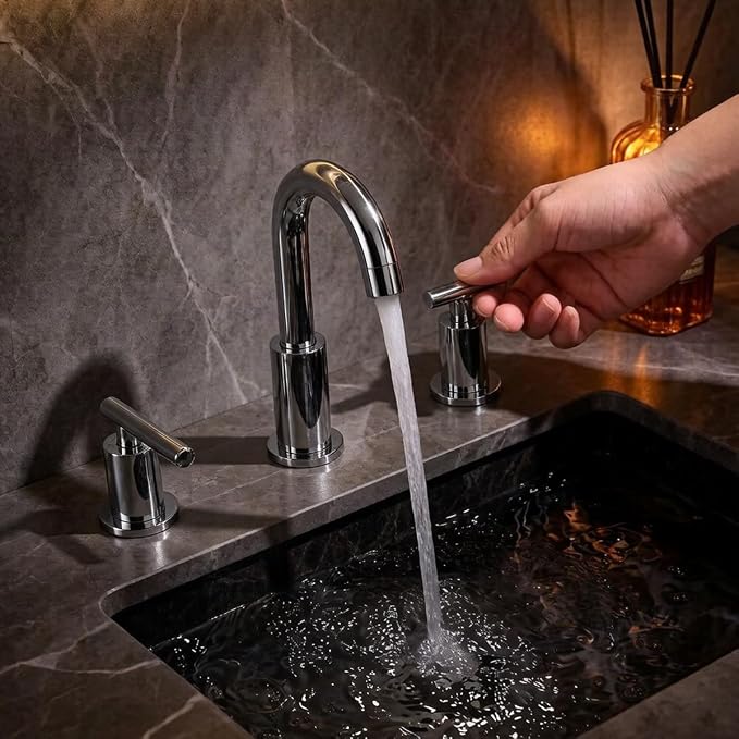 TRUSTMI Chrome Bathroom Faucet 3 Hole 8" Widespread, Swivel Spout & Drain | Heavy-Duty Brass Construction, Includes Overflow Drain & cUPC Supply Lines, fits 3-Hole 6–12" Vanity Sinks, Easy to Install