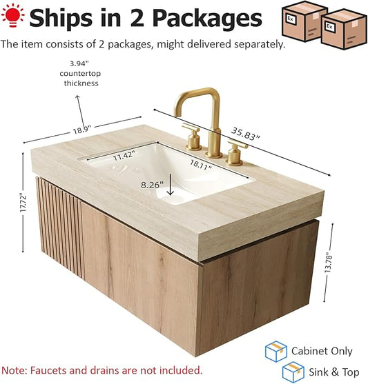 Ambrovina 36" Floating Bathroom Vanity with Sink, Wall Mounted Storage Vanities with Drawer and Door, Roma Travertine-Pattern Countertop and 3 Pre-drilled Faucet Holes Ceramic Basin, Light Oak