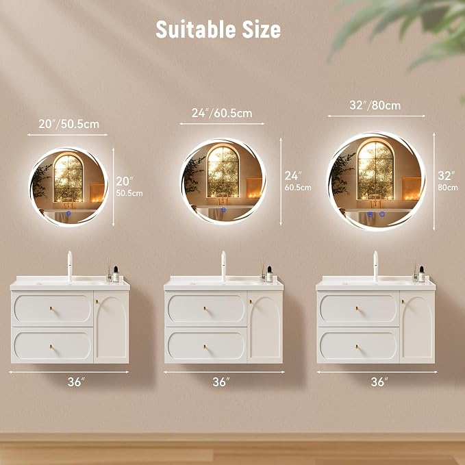 Bathroom Smart Mirrors with Three Color LED Lights,24”x24 Bath Round Mirror,Backlit + Front Lit Temperature Brightness Settings-Wall Mounted Lighted Bathroom Vanity Mirror