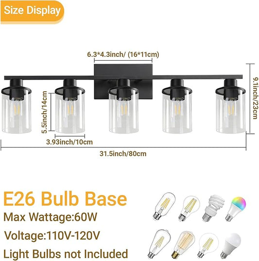 LOUSACE 5-Light Black Bathroom Vanity Light, 31.5" Modern Vanity Lighting Fixture Over Mirror with Clear Glass Shade, E26 Base