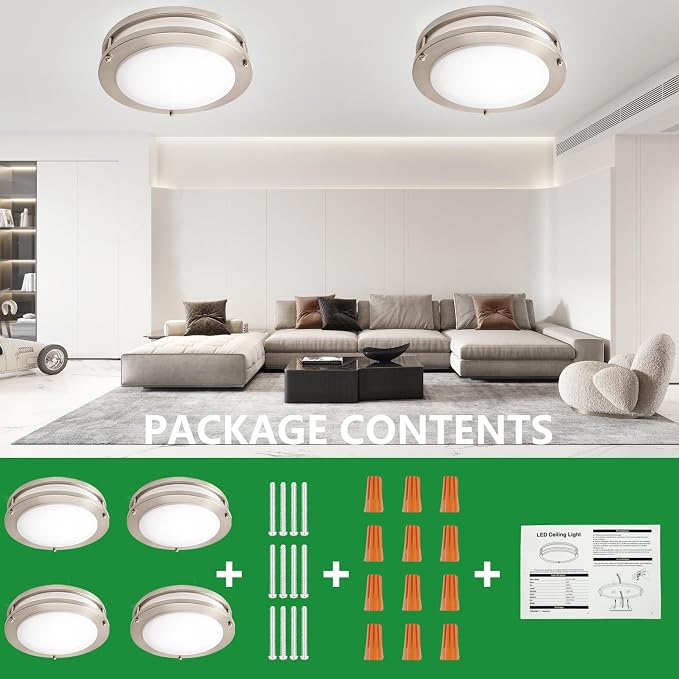 10inch LED Flush Mount Ceiling Light Fixture Dimmable Brushed Nickel, Easy Install LED Ceiling Lamp Fixture Without Flicker, Super Bright 24W 2400LM 5000K 4-Pack