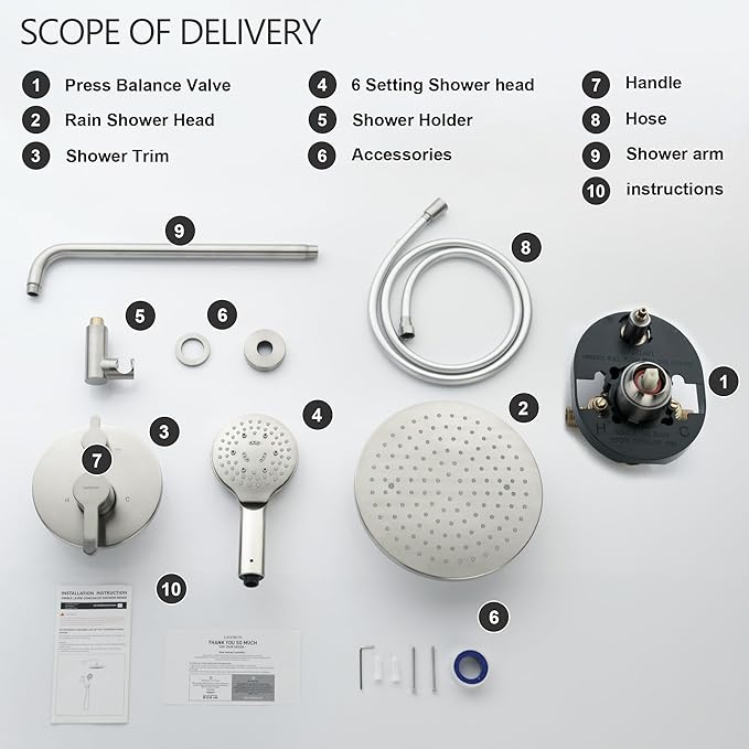 Brushed Nickel Shower Faucet Set with Valve 10 Inches Rainfall Shower Head Combo Set, Wall Mount Shower Fixtures Shower Head System with 6 Function Handheld