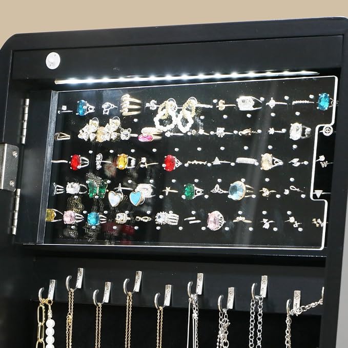 Standing Mirror Jewelry Cabinet Full Length Mirror Jewelry Armoire | JeJewelry Organizer Lockable Jewelry Storage for Women Girl Frameless LED Lights 6 Drawers Blac