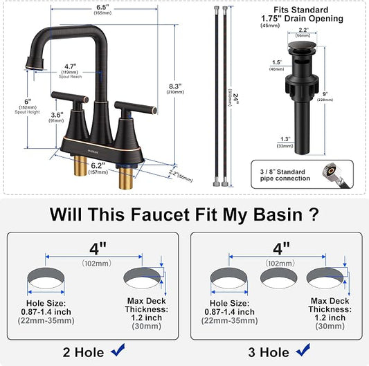 Oil Rubbed Bronze 4 inch Centerset Bathroom Faucets for Sink 2 Hole | Bathroom Sink Faucet with Pop-up Drain and Supply Lines, Stainless Steel 2-Handle Centerset Faucet for Vanity RV Restroom