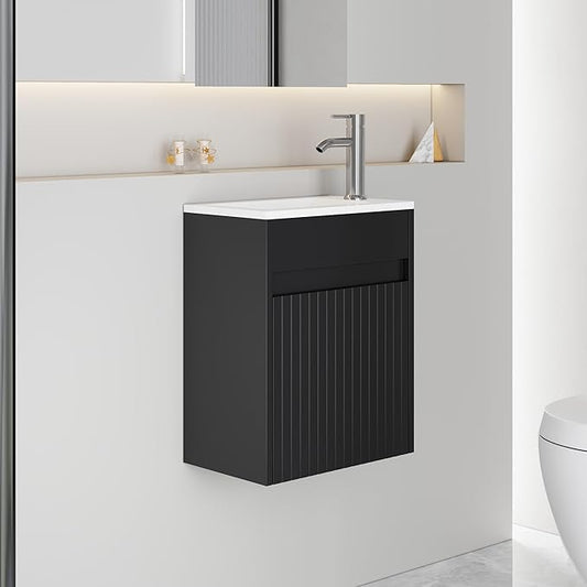 eclife 16" Small Bathroom Vanity Sink Combo, Modern Painted Wall Mounted Floating Cabinet W/Decoration Lines, Resin Basin Sink Top, Chrome Water Save Faucet & Pop Up Drain (Piano Black)