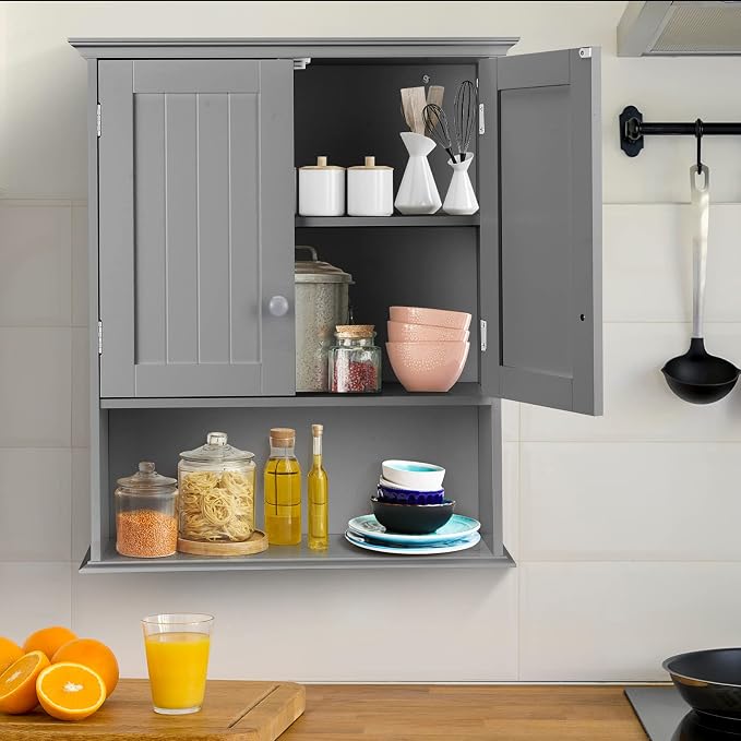 COSTWAY Wall Mounted Bathroom Cabinet, Over the Toilet Storage Cabinet | Double Doors & Adjustable Shelf, Wood Hanging Medicine Cabinet for Living Room, Entryway, Kitchen (Gray)
