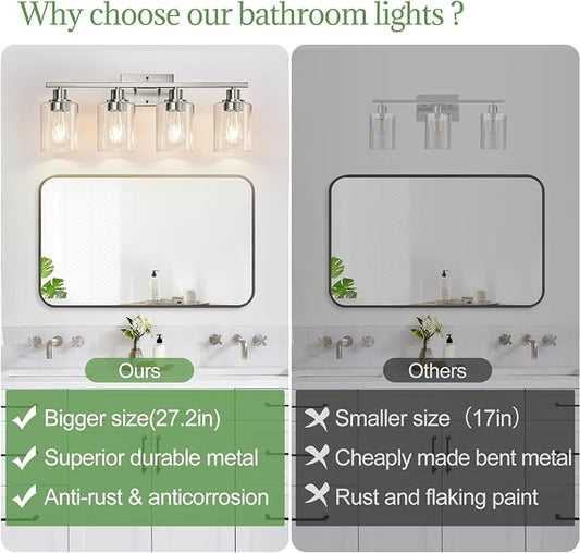 MOKATNG 4-Light Bathroom Light Fixtures, Vanity Light with Clear Glass Shades, Brushed Nickel Bathroom Light Fixtures Over Mirror, Modern Bathroom Wall Lamp for Mirror Living Room Cabinet Bedroom