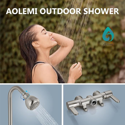 Aolemi Outdoor Shower Kit, 3-Inch Center, 2-Handle, Brushed Nickel | Mixer Valve, SUS304 Shower Pipe, Dual-Handle Hot And Cold Control, Reversible Inlets, and Rotating Head
