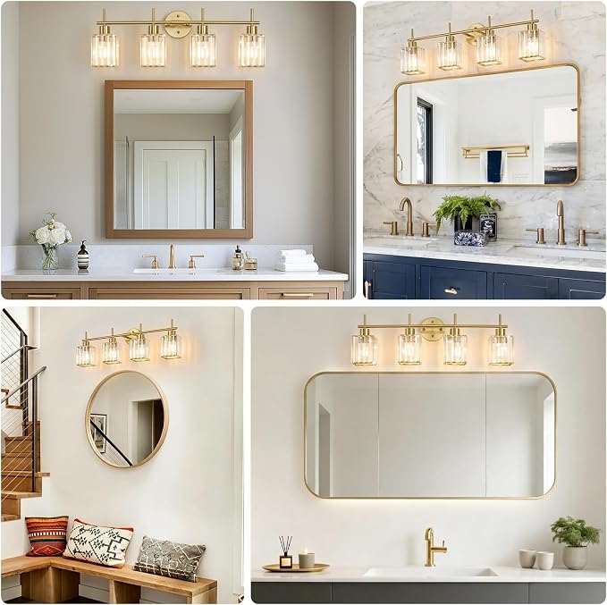 Brushed Gold Bathroom Light Fixtures, Square, 4-Light | Vanity Lights with Crystal Shades, Modern Bathroom Lighting Fixtures over Mirror (Bulbs Not Included, E26)