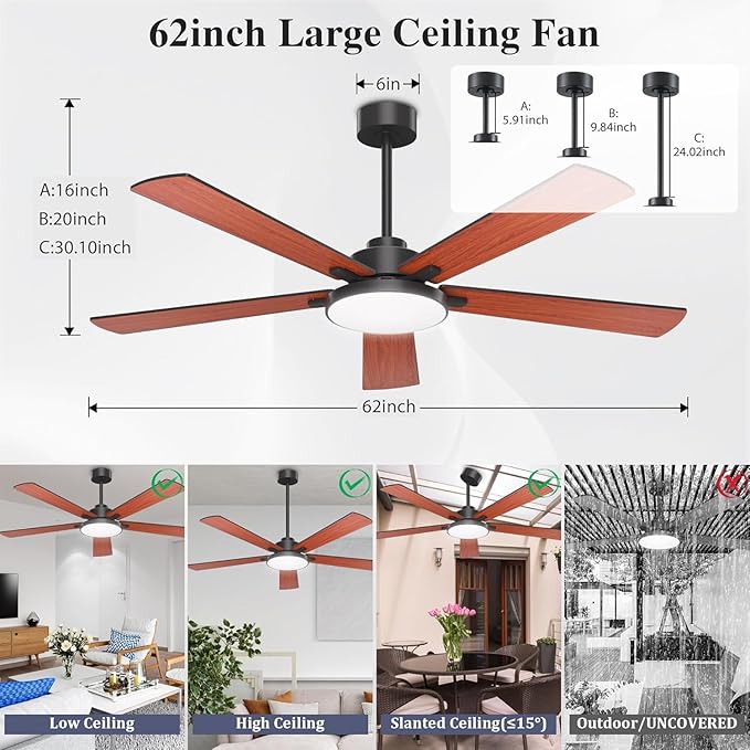 Ceiling Fans with Lights and Remote Control,Indoor/Outdoor Flush Mount Low Profile Commercial Reversible Dimmable Wood Grain Ceiling Fans for Living Room Patio Industrial Shop, 62 inch
