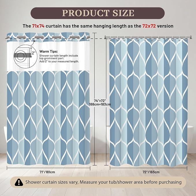Gelbchu Light Blue No Hook Shower Curtain with Snap-in Liner, 71 x 74 Inch | Built-In Hooks, Mesh Top Window, Water-Repellent, Machine Washable, Quick Drying, Premium Polyester, Hotel Style, Modern