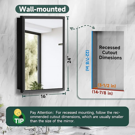 16x24 Inch Medicine Cabinet Mirror for Bathroom Recessed Medicine Cabinet with Mirror or Surface Wall-Mounted Aluminum Alloy Framed Bathroom Cabinet Mirror Black Metal