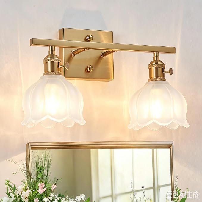 3-Light Vintage Bathroom Vanity Light, 19.4" Brass Hardwired Wall Sconce with Amber Tulip Glass Shades, Brushed Gold Vanity Light for Mirror, Restroom, Bedroom (White, 2-Light)