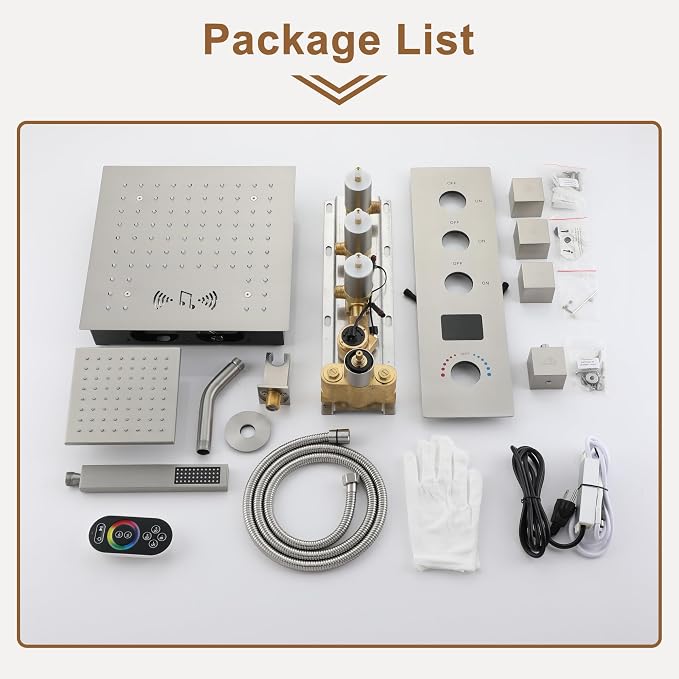 CASAINC Thermostatic Shower System 12" Ceiling-Mounted Rain Shower Head with 6" Shower Head, Smart Shower System with Handheld Spray, LED Light & Music, Water Temperature Display (Brushed Nickel)