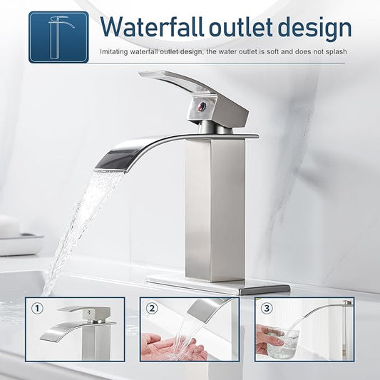 Waterfall Single Handle Bathroom Vanity Sink Faucet with Metal Pop-up Drain, Brushed Nickel Finish