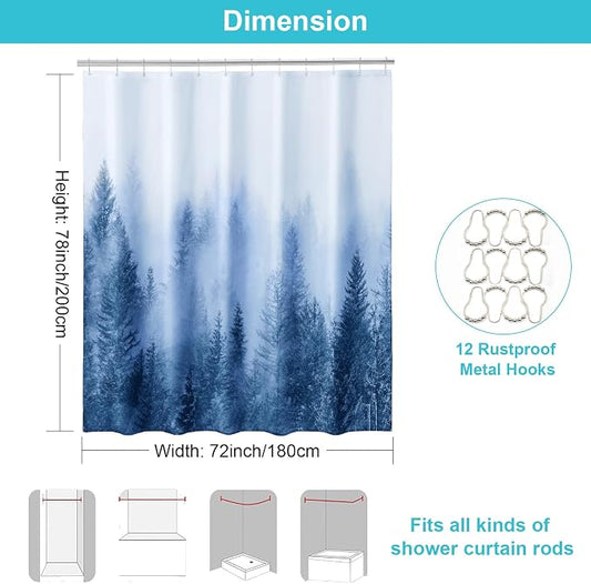 ORTIGIA 78 Inch Blue Misty Forest Shower Curtain for Bathroom, Nature Woodland Shower Curtain Set with Hooks, Decorative Pine Tree Fog Magic Bath Curtain, Waterproof Fabric, Weighted, 72x78
