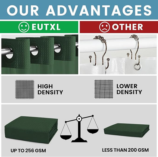 Heavyweight Waffle No Hook Shower Curtain with Liner, 71x74, Dark Green | Snap in Liner, 256GSM, Thick, Hotel Luxury Spa, Waterproof Fabric, Corner Magnets, 3 in 1 Set, Washable, Hang in Seconds