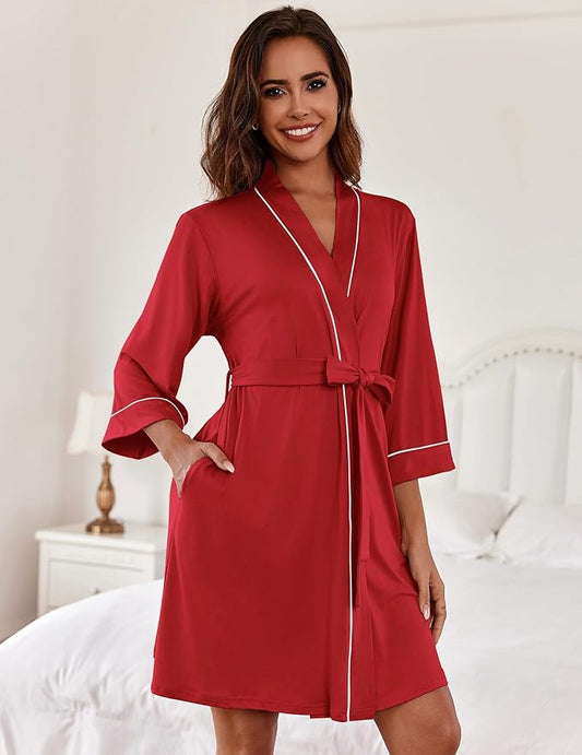 Ekouaer Women Kimono Robes Knee Length Knit Bathrobe Lightweight Soft Sleepwear V-neck Casual Ladies Loungewear
