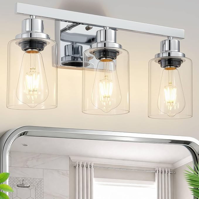 3 Light Bathroom Light Fixtures,17" Polished Chrome Vanity Lights | Modern Vanity Lights over Mirror with Clear Glassshades,Farmhouse Bathroom Wall Sconece over Sink,E26 Base