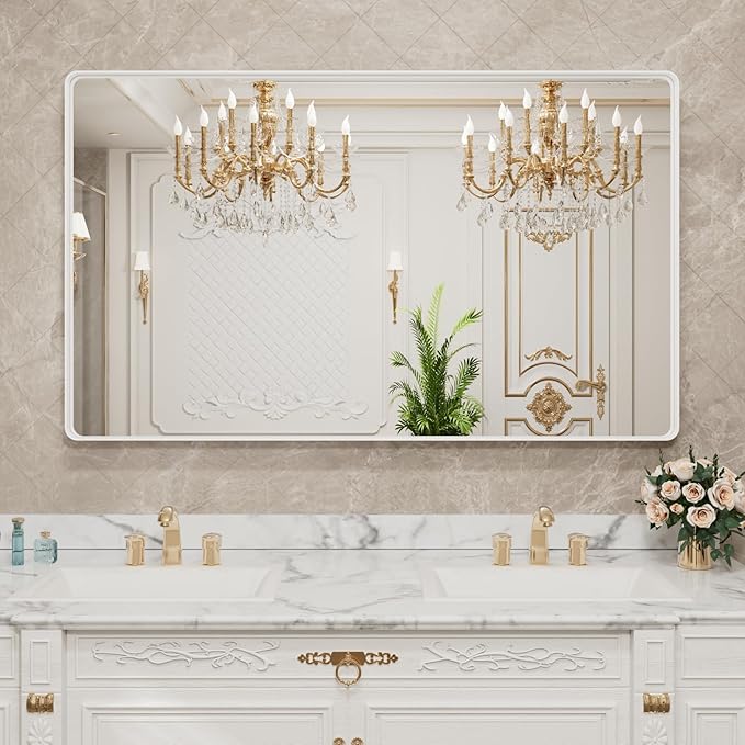 LOAAO 60x36 Inch White Metal Framed Bathroom Mirror for Wall, White Bathroom Vanity Mirror Farmhouse, Large Rounded Rectangle Mirror, Anti-Rust, Tempered Glass, Hangs Horizontally or Vertically | Rounded Rectangle, Anti-Rust, Tempered Glass, Hangs Hori...