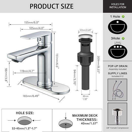 BELZ Chrome Bathroom Faucet, Modern Single Handle One Hole Bath Vanity Sink Faucets with Pop Up Drain and Deck Plate for 1 or 3 Holes