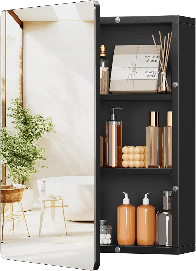 Medicine Cabinet Mirror with 2 Adjustable Shelves, Bathroom Mirror with Storage, Recessed or Wall Mount Bathroom Cabinet, Black UNGGX004H