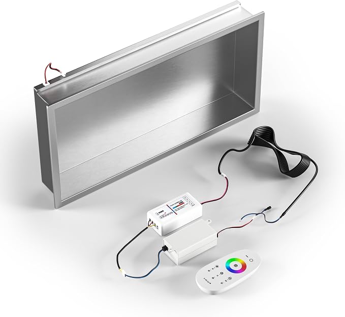 Stainless Led Shower Niche 24"x12" Brushed RGB Light No Tile Needed | 304 stainless steel shower niche,recessed dimmable niche shower,Led driver & remote control included,dropped in niche