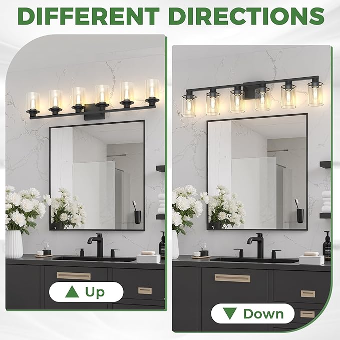 6-Light Black Bathroom Vanity Light Fixture Over Mirror | Modern Vanity Mirror Light, Clear Glass Shade Vanity Light Fixture, Wall Mount Lighting for Hallway Bedroom Living Room