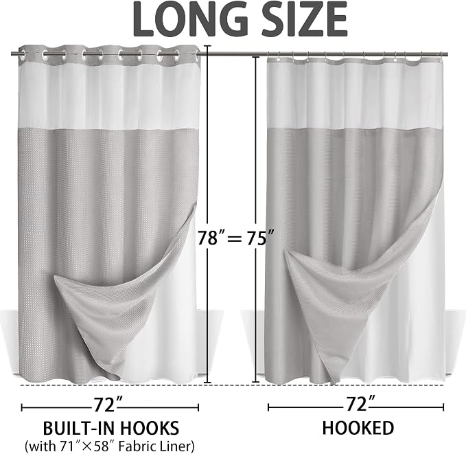 No Hook Shower Curtain with Liner Set Hotel Waffle Light Grey 72W X 78L | Washable Snap in Fabric Liner, Mesh Top Window, Waffle Hotel Style Shower Curtain Set