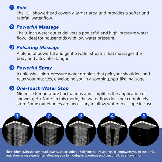 Hibbent cUPC Certified Upgraded 13'' Shower Head Combo, High Pressure 5 Spray Rainfall Showerhead with 10 Sprays Handheld, All Metal 3-way Diverter Shower Arm, 71'' Hose and Holder, Brushed Nickel
