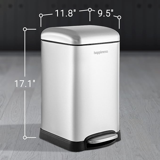 happimess Betty Retro Mini 3.2 Gal Step Trash Can, Platinum Silver | Soft-Close Lid, Fingerprint Proof, Removable Liner, Stainless Steel, Hands-Free Pedal