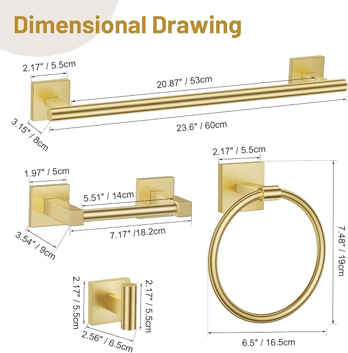 Lairuier Brushed Gold Bathroom Accessories, Towel Bar Set Wall Mounted | 5 Pieces Bathroom Hardware Set, SUS304 Stainless Steel Double Base 23.6" Towel Bar, Towel Ring, Toilet Paper Holder & Hooks