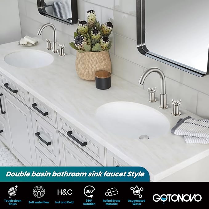 gotonovo 3 Hole Bathroom Faucet 8 inch Widespread Sink Vanity Faucet for Bathroom Sink 2 Cross Handle Deck Mount Basin with Pop Up Drain 360° Swivel Spout Brushed Nickel
