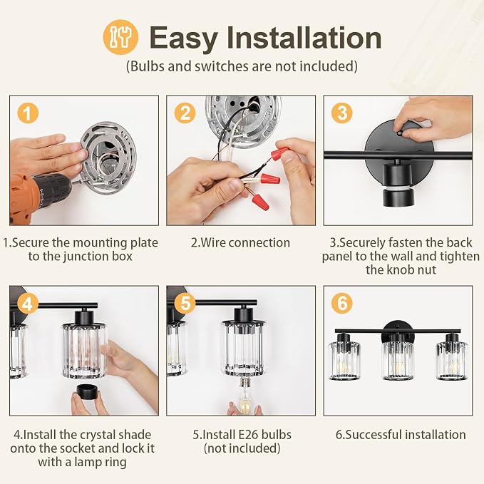Modern Black Crystal Bathroom Light Fixtures,3-Light | Bathroom Lighting Fixtures over Mirror,Vanity Lights for Mirror, Restroom(Ceramic E26 Socket,Bulbs Not Include)