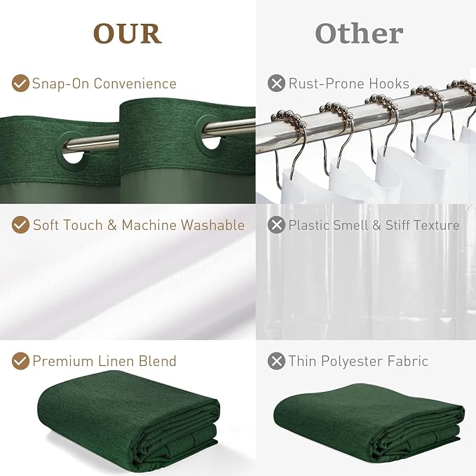 Emerald Green Ringless Linen Look Shower Curtain with Snap Liner 72x75 | 3 in 1 Modern Shower Curtain Set, Removable Liner, Waterproof & Washable, Mesh Top Window, Durable Fabric, Easy to Install