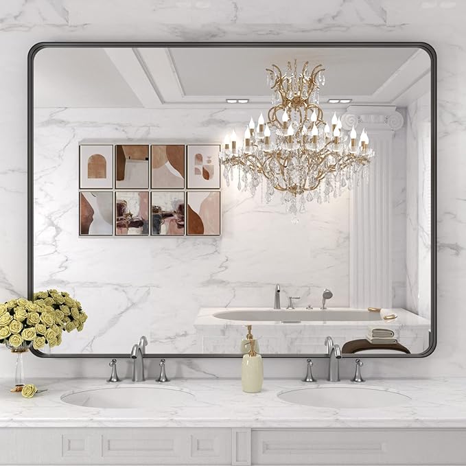 LOAAO 48x36 Inch Black Bathroom Mirror Metal Framed | Matte Black, Rounded Rectangle, Anti-Rust, Tempered Glass, Hangs Horizontally or Vertically