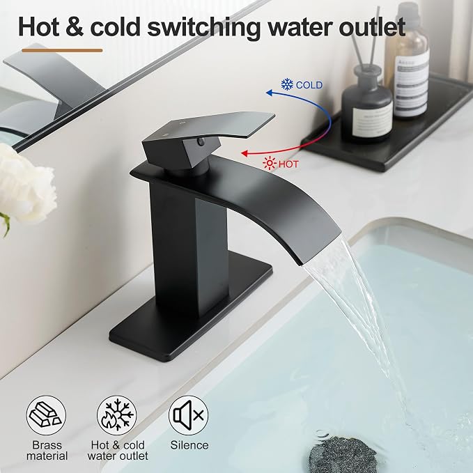 Waterfall Bathroom Faucet, Single Handle Matte Black Sink Faucet 1 Hole or 3 Hole for Lavatory, Washbasin, Vanity, Commercial, with Deck, Pop-up Drain and Supply Hoses