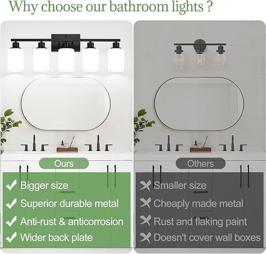 Indoi 5-Light Bathroom Light Fixtures, Matte Black Modern Vanity Lights with Milky White Shades, Bathroom Wall Lamp for Mirror Living Room Cabinet Bedroom Porch