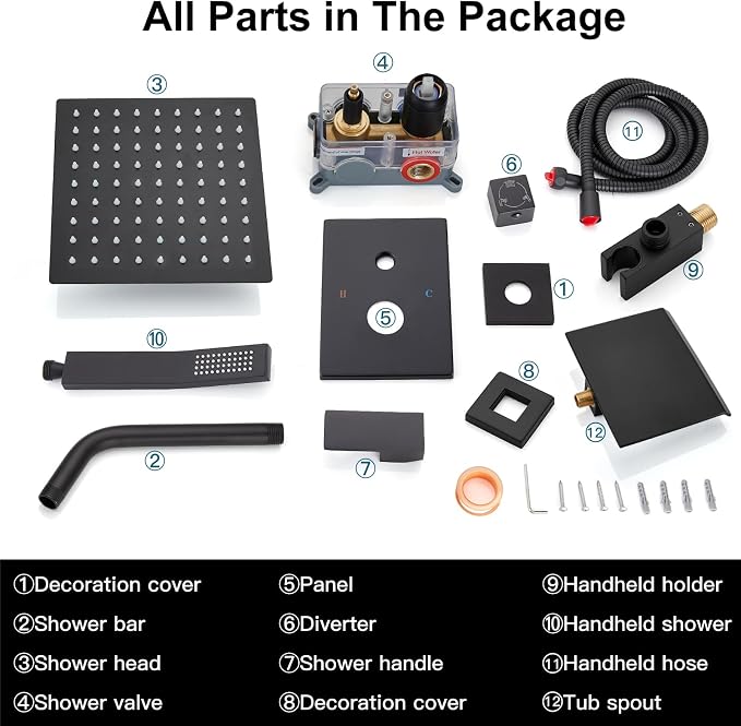 Midanya Shower System with Tub Spout,8 Inch Shower Head,Matte Black | with Valve & Trim Kit,Square Rain Head,Handheld Sprayer,Waterfall Spout,All Metal Wall Mount Bathroom Shower Tub Faucet Set
