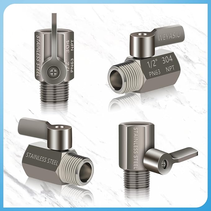 Shower Head Shut Off Valve with Long Handle Lever, 1/2" NPT Stainless Steel | 1/4-Turn Mini Ball Valve, 304 Stainless Steel, Leak-Free, Showerhead Flow Control Water Saver Regulator, Teflon Tape Included